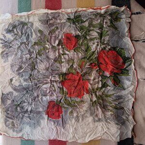 Vintage Silk/Rayon Scarf Floral Print Scarf Red Rose Design Ruffled Edges 30"